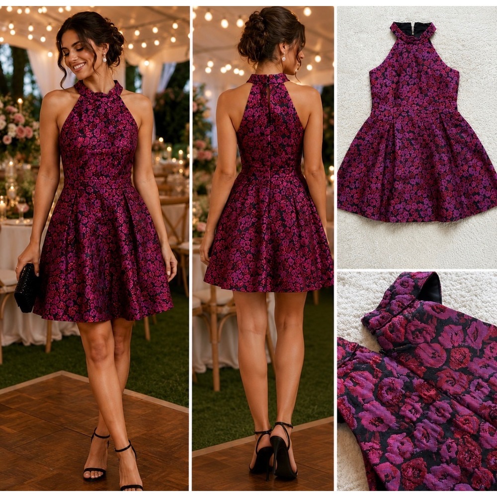 NWT Guess Floral Halter Dress Magenta Red Pleated Fit Flare Cocktail Party 4